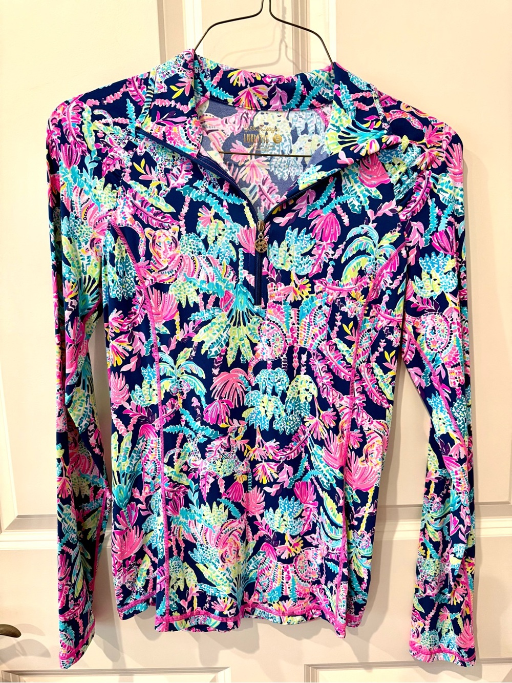 Lilly Pulitzer Luxletic oyster bay navy seen and heard Quarter-Zip Top, small.
